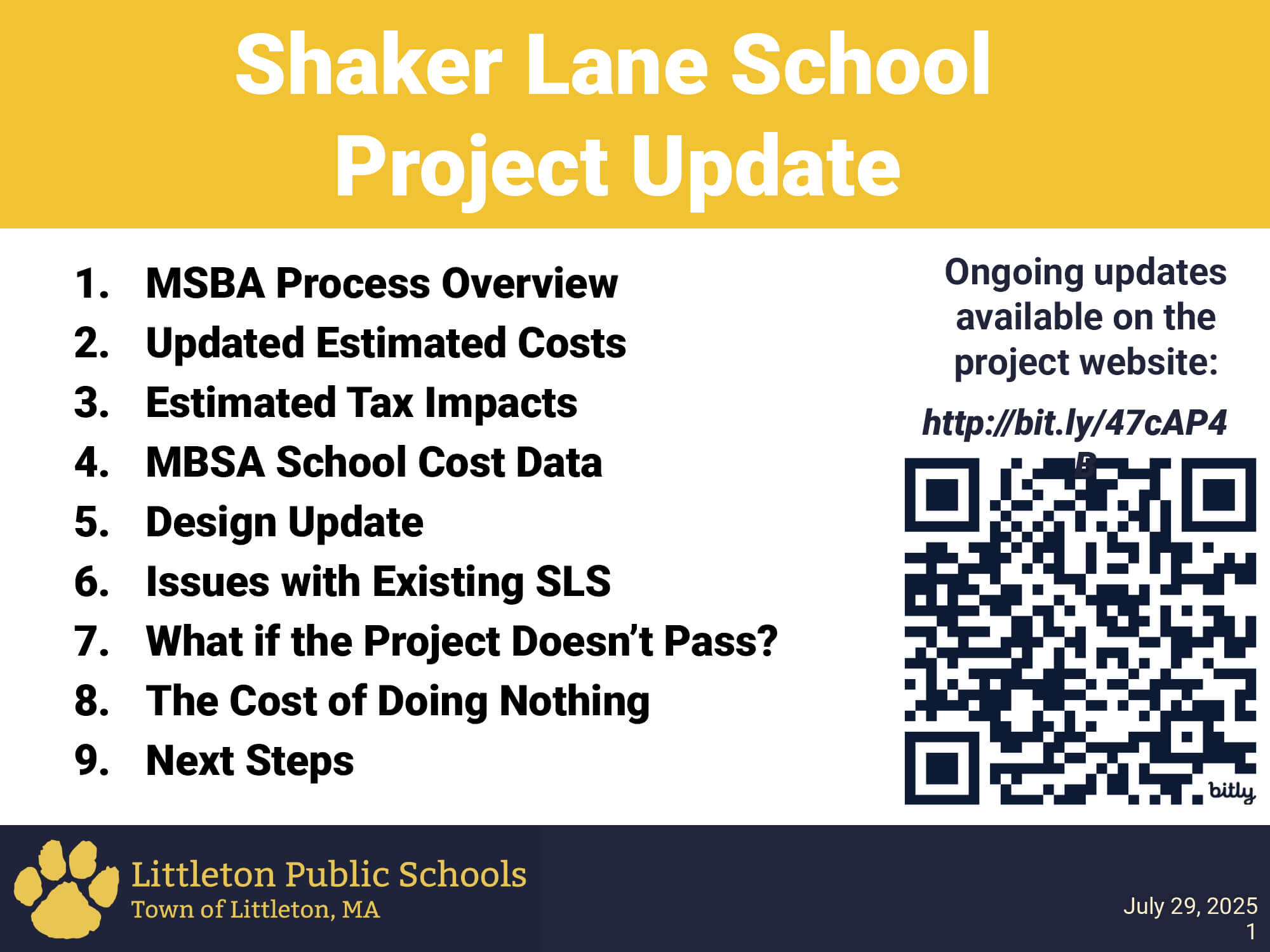 The cover slide of the July 29, 2025 Shaker Lane School Community Forum Presentation