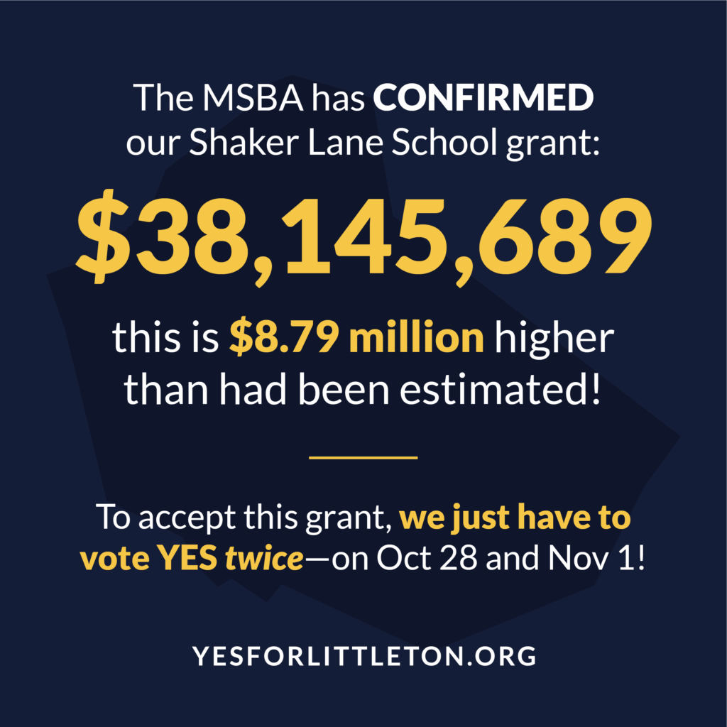 The MSBA has CONFIRMEd our Shaker Lane School grant: $38,192,408—this is $8.79 million higher than had been estimated! To accept this grant, we just have to vote YES twice—on Oct 27 and Nov 1!